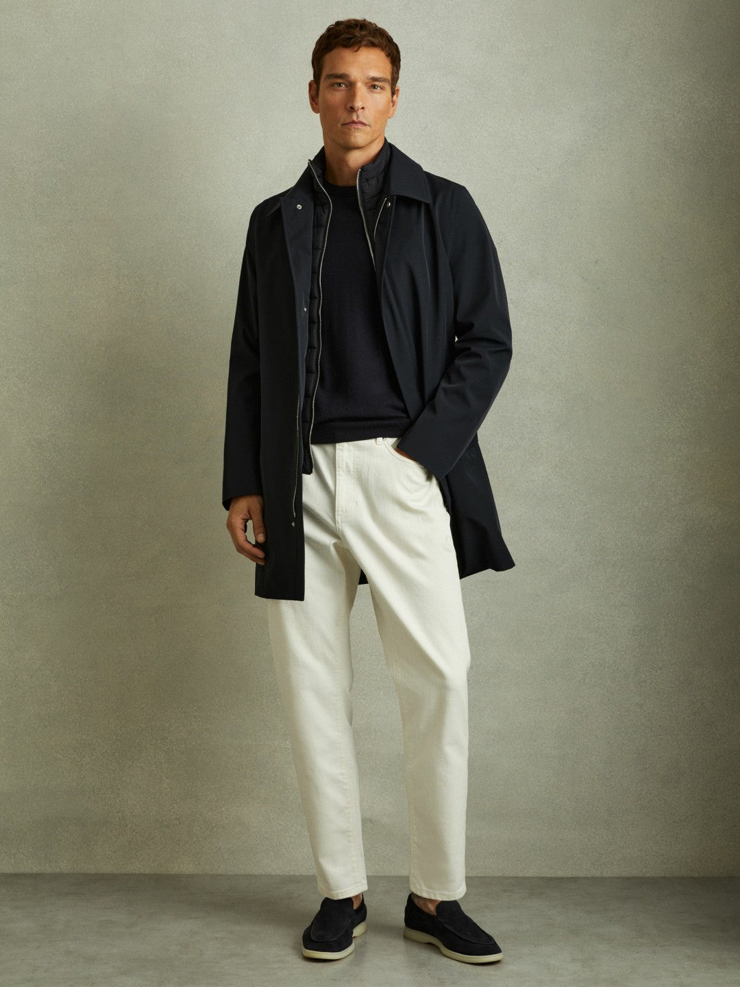 Reiss Hybrid Removable Funnel Neck Overcoat in Navy
