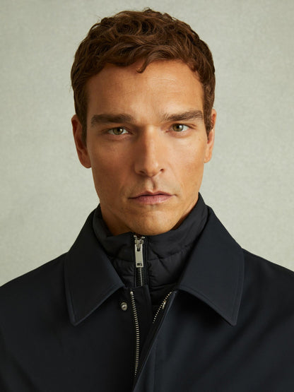 Reiss Hybrid Removable Funnel Neck Overcoat in Navy