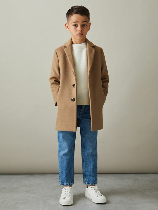 Reiss 3-9 yrs Single Breasted Overcoat in Camel