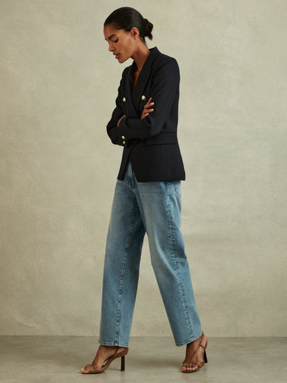 Reiss Petite Tailored Fit Textured Double Breasted Blazer in Navy