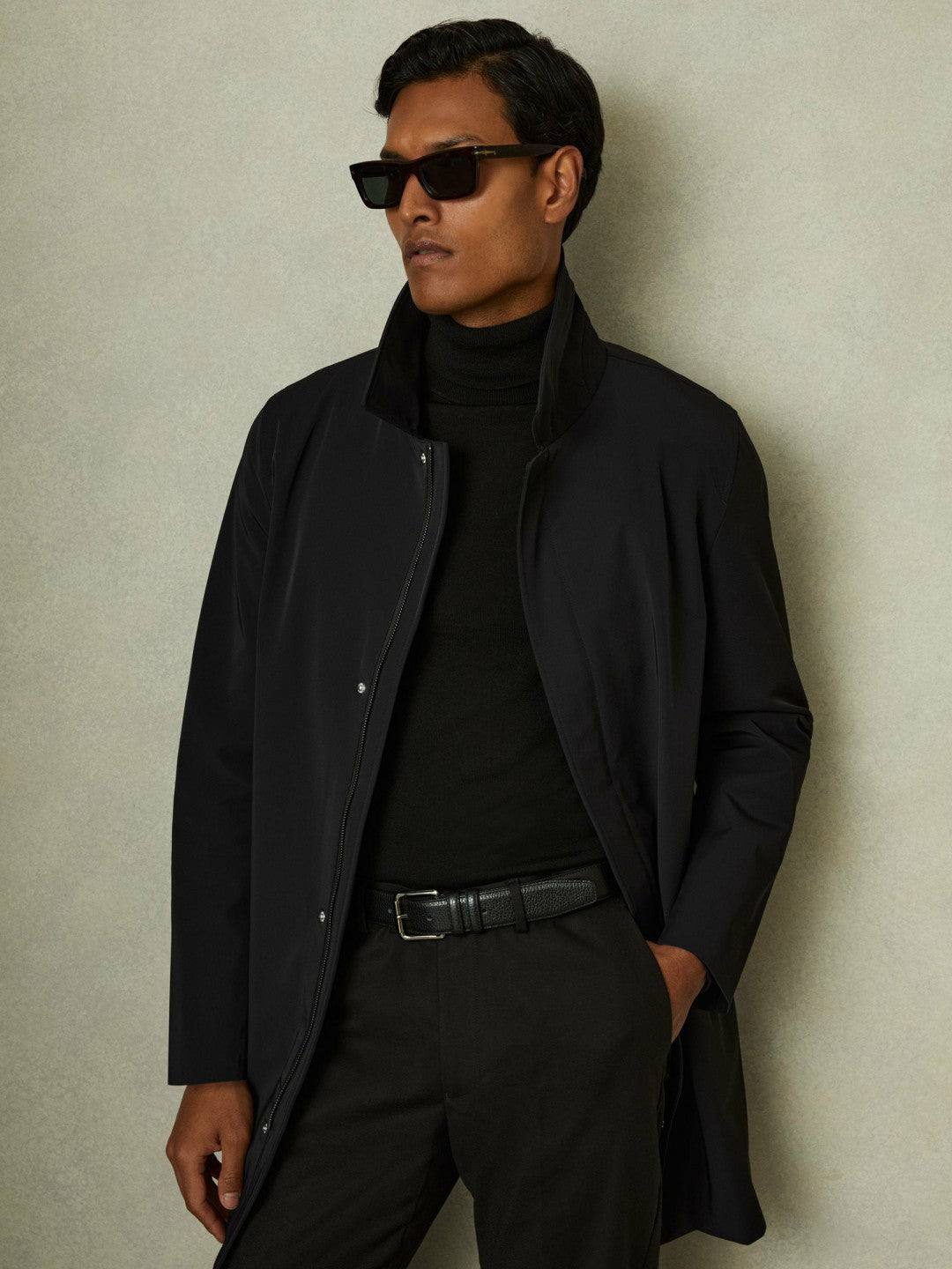 Reiss Hybrid Removable Funnel Neck Overcoat in Black
