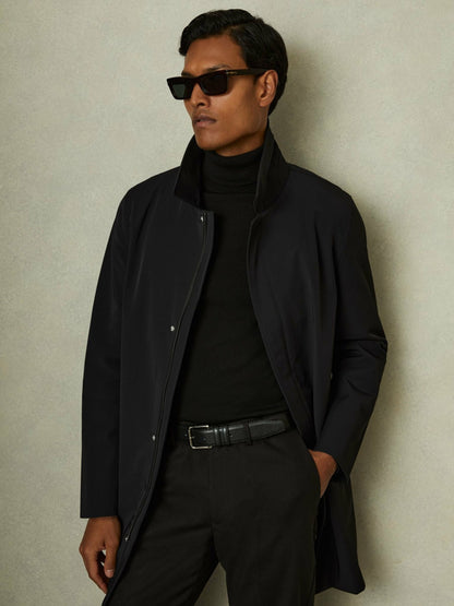 Reiss Hybrid Removable Funnel Neck Overcoat in Black
