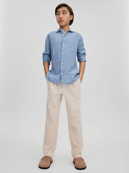Reiss 9-13 yrs Linen Cutaway Collar Shirt in Sky Blue