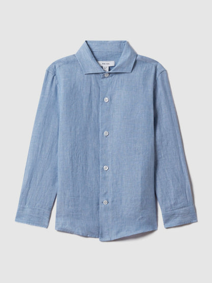 Reiss 9-13 yrs Linen Cutaway Collar Shirt in Sky Blue