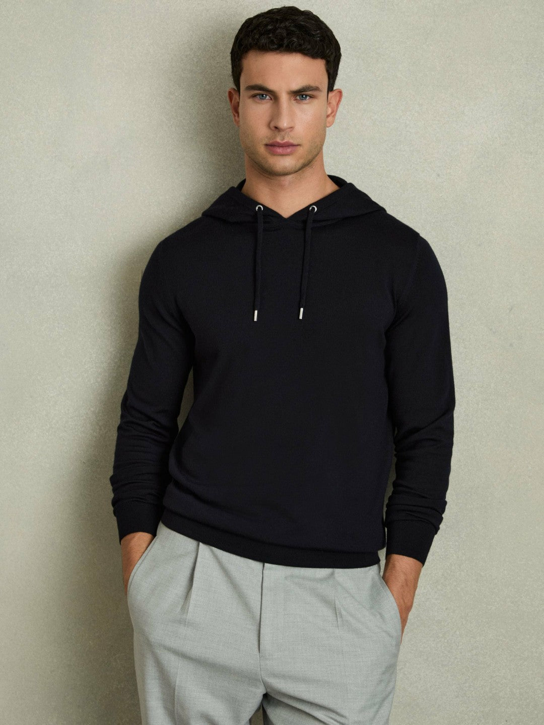Reiss Merino Wool Drawstring Hoodie in Navy