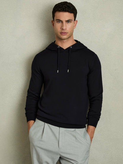 Reiss Merino Wool Drawstring Hoodie in Navy