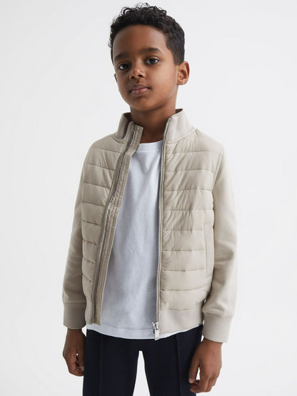 Reiss 3-9 yrs Funnel Neck Quilted Hybrid Jacket in Stone