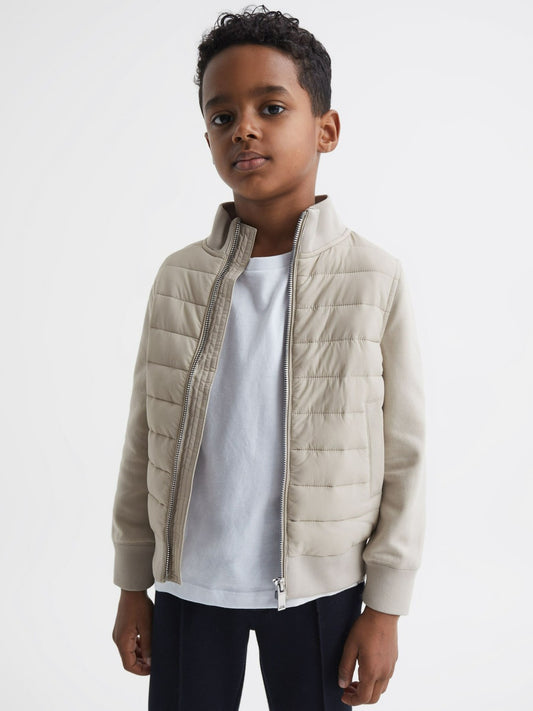 Reiss 3-9 yrs Funnel Neck Quilted Hybrid Jacket in Stone