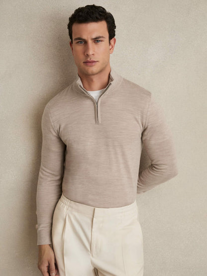 Reiss Merino Wool Half-Zip Jumper in Wheat Melange