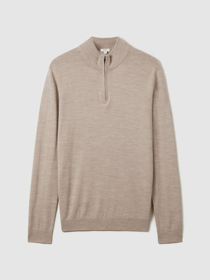 Reiss Merino Wool Half-Zip Jumper in Wheat Melange