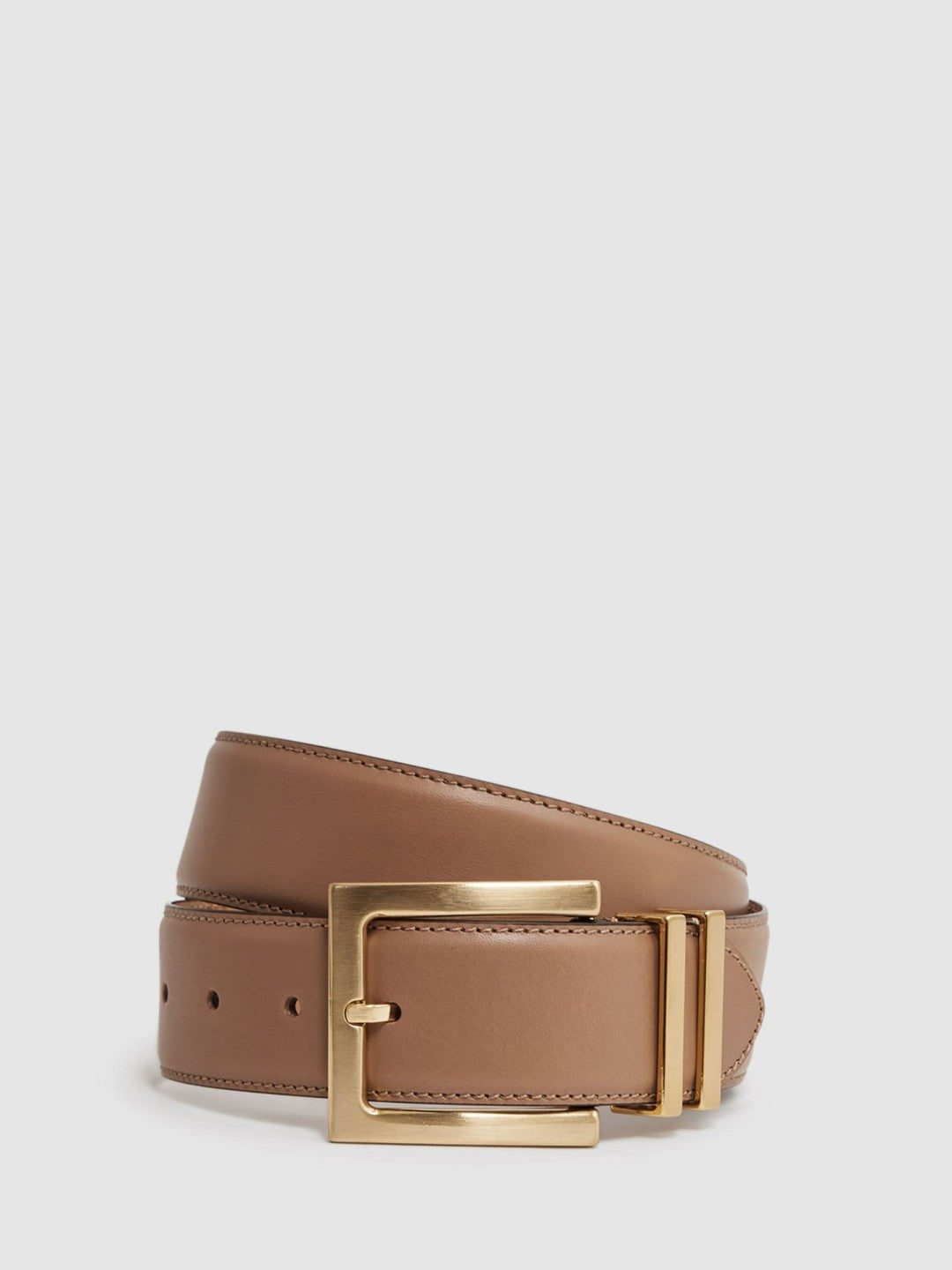 Reiss Leather Square Buckle Belt in Camel/Taupe