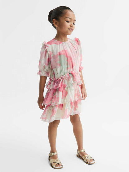 Reiss 4-9 yrs Printed Tiered Dress in Pink Print