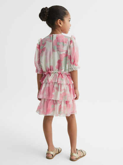 Reiss 4-9 yrs Printed Tiered Dress in Pink Print