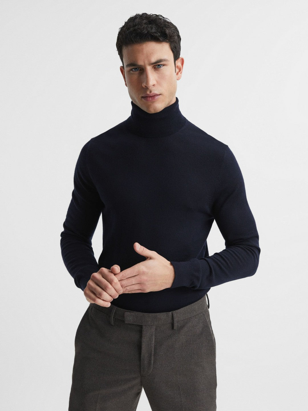 Reiss Slim Fit Merino Wool Roll Neck Jumper in Navy