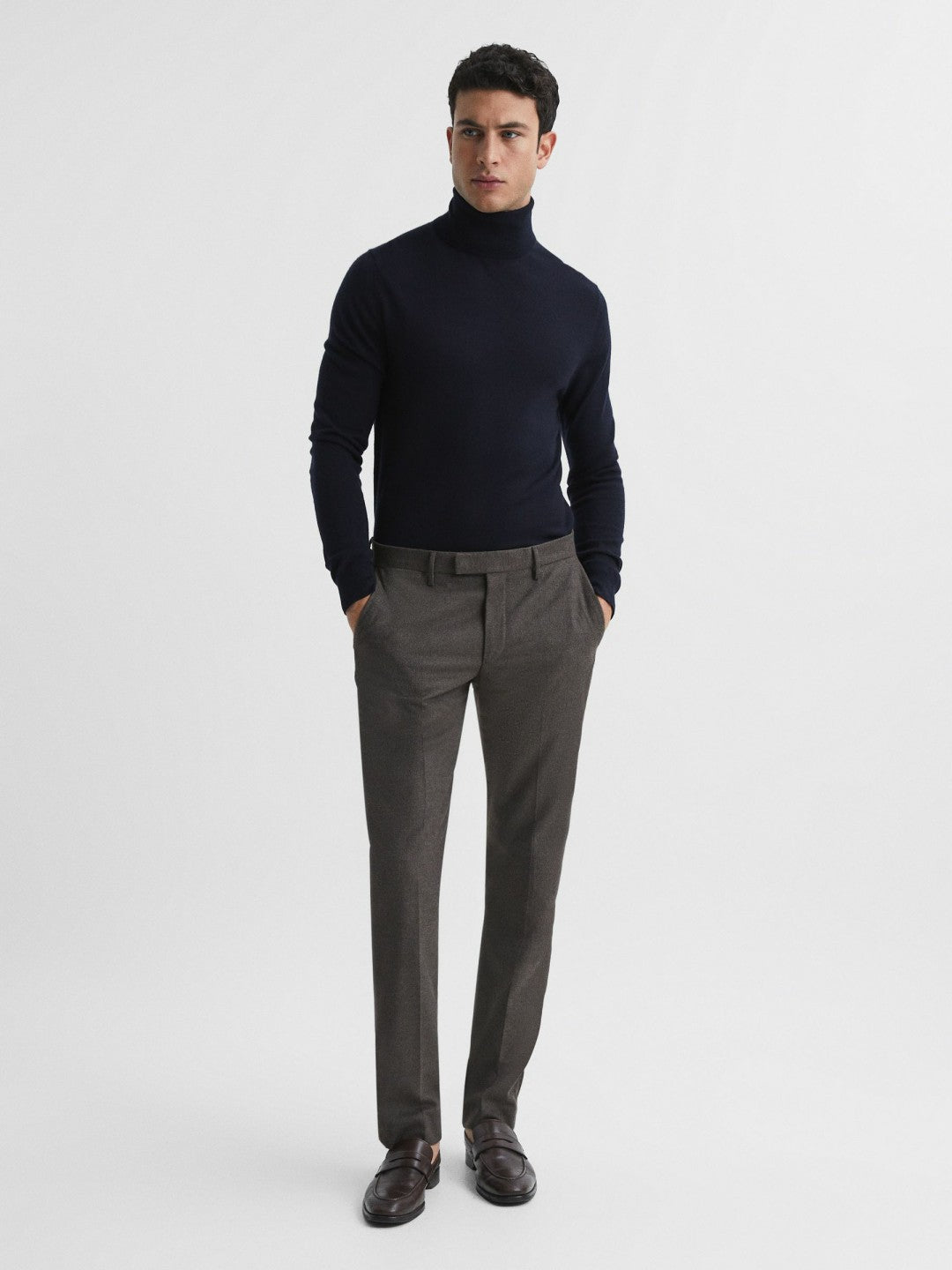 Reiss Slim Fit Merino Wool Roll Neck Jumper in Navy