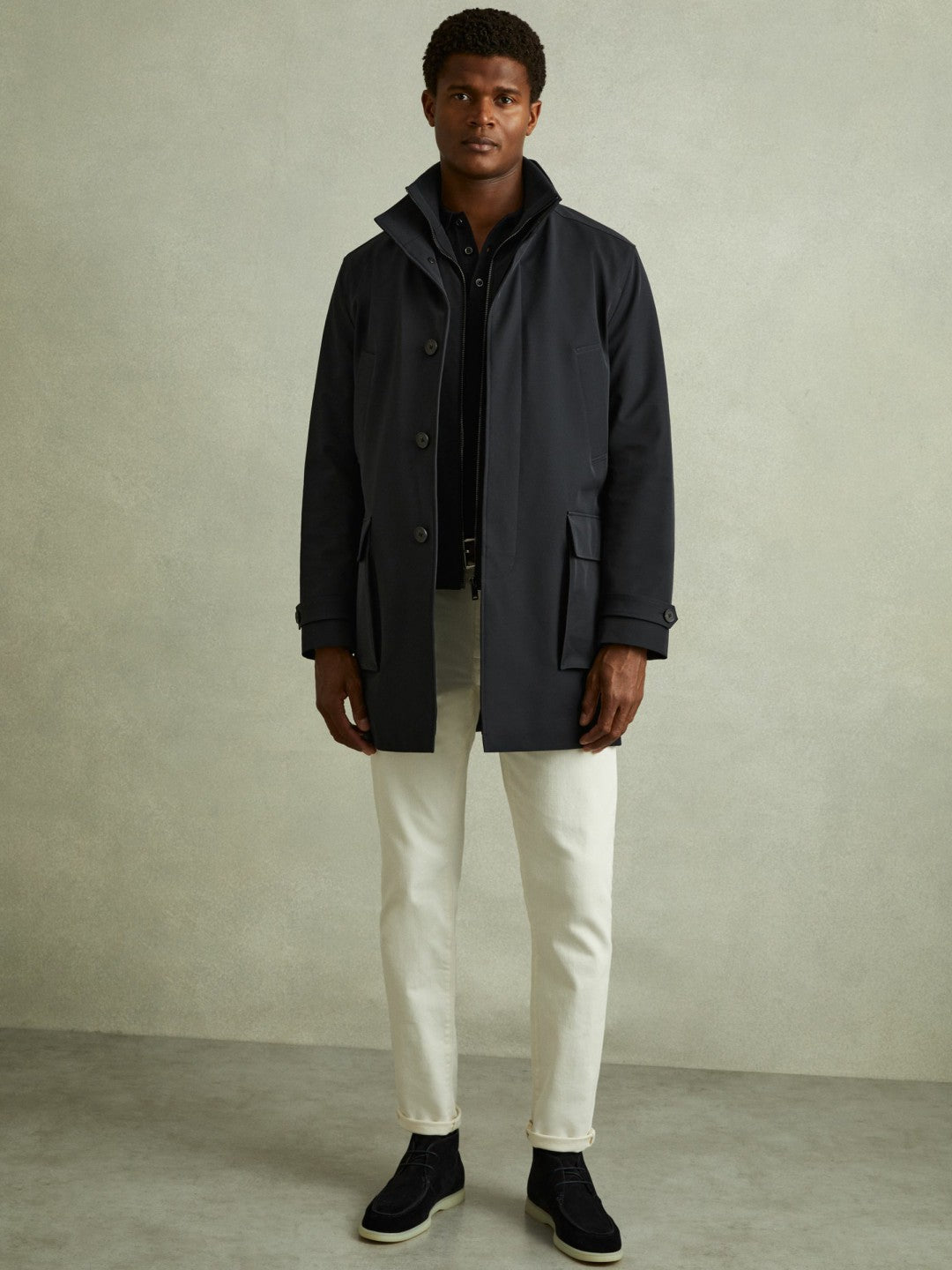 Reiss Hybrid Removable Funnel Neck Overcoat in Navy