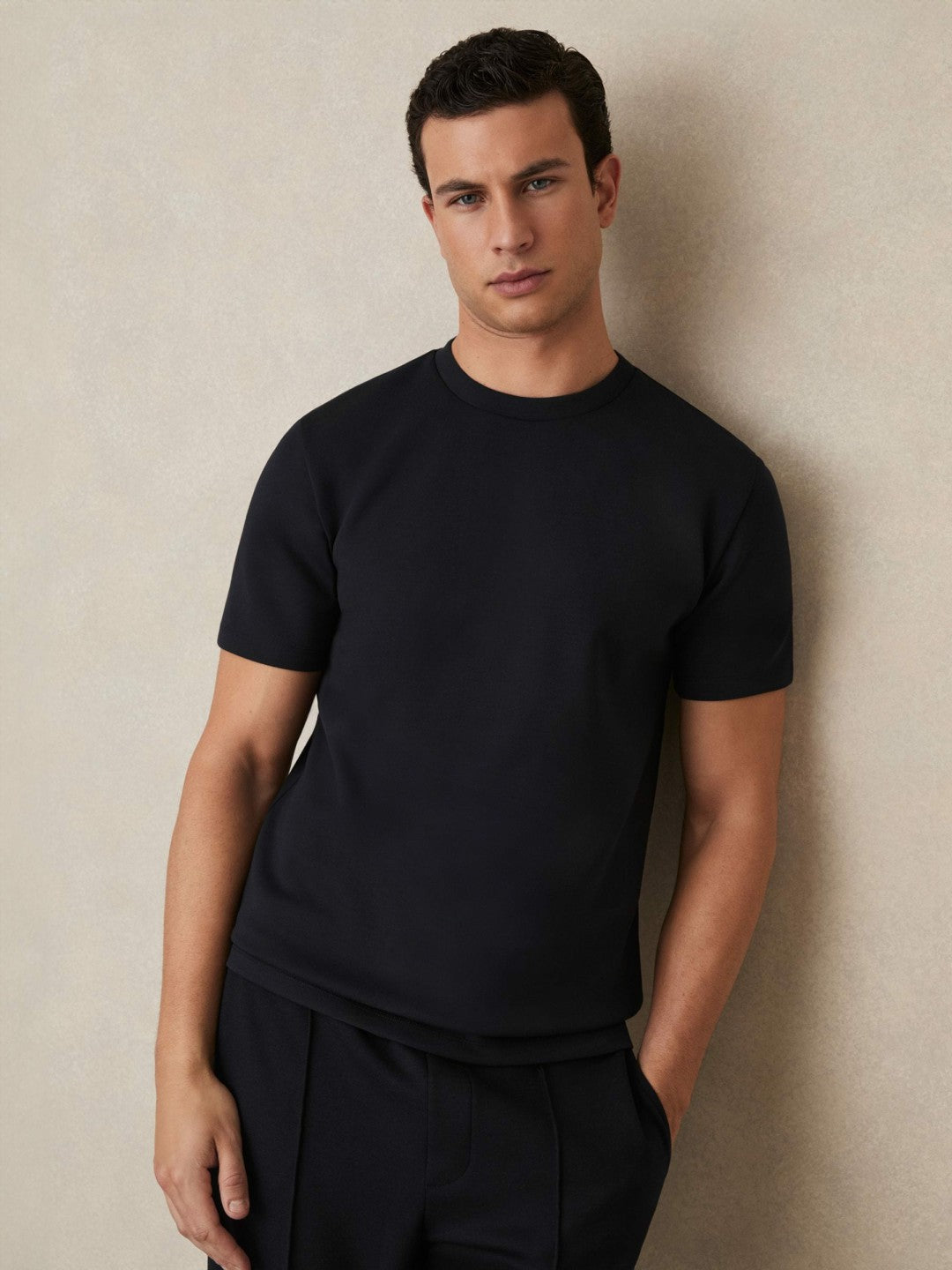 Reiss Interlock Jersey Crew Neck T-Shirt in Navy Blue