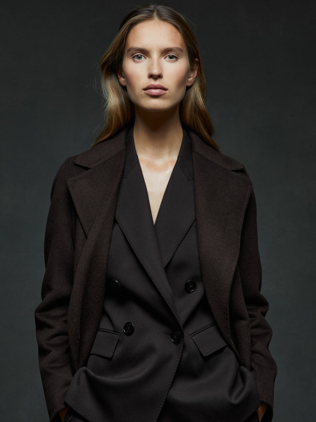 Reiss Petite Wool Blend Double Breasted Blindseam Coat in Chocolate