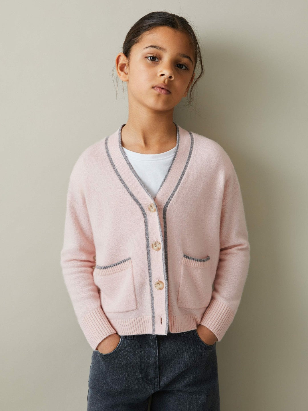 Reiss 9-13 yrs Wool-Blend Stripe-Detail Cardigan With Cashmere in Pink