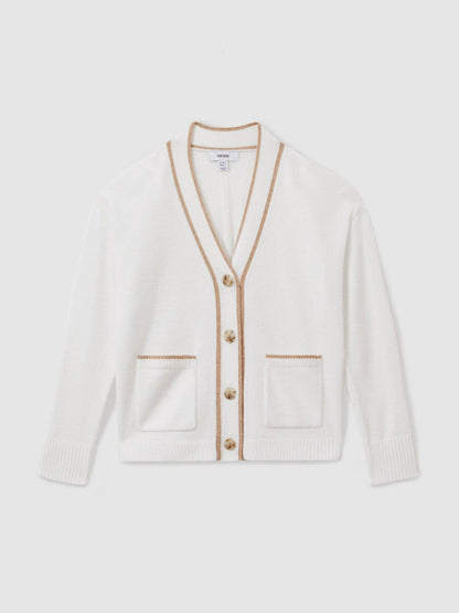 Reiss 4-9 yrs Wool-Blend Stripe-Detail Cardigan With Cashmere in Cream