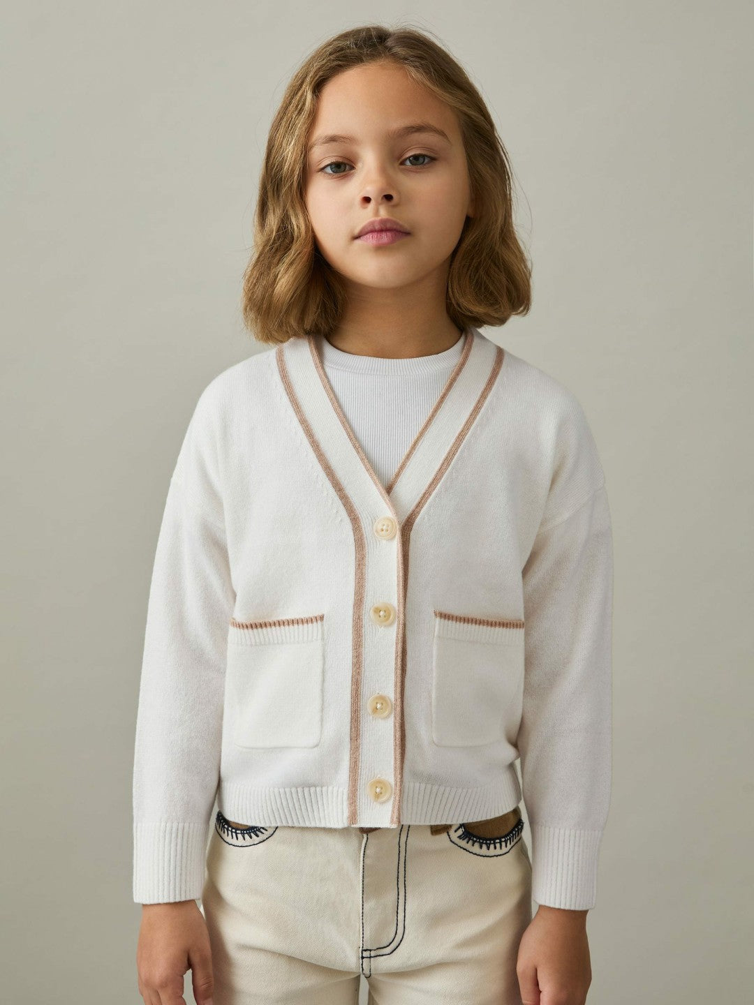 Reiss 13-14 yrs Wool-Blend Stripe-Detail Cardigan With Cashmere in Cream