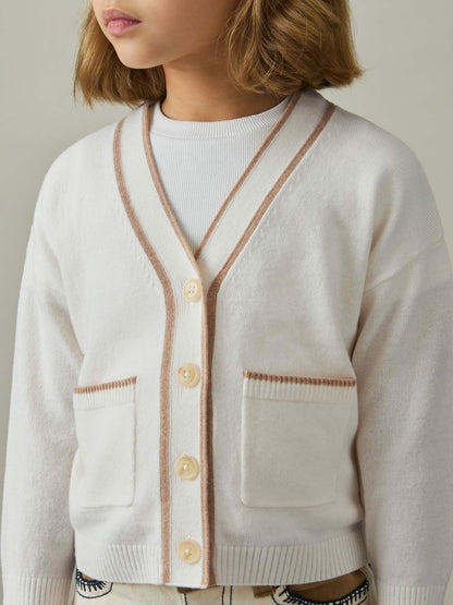 Reiss 13-14 yrs Wool-Blend Stripe-Detail Cardigan With Cashmere in Cream