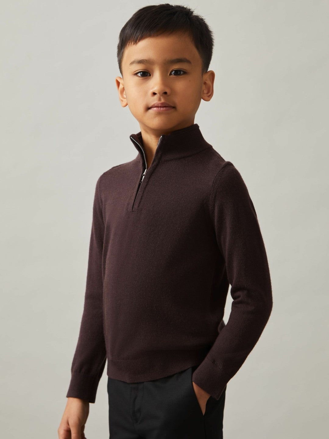 Reiss 3-9 yrs Merino Wool Half-Zip Funnel Neck Jumper in Dark Bordeaux
