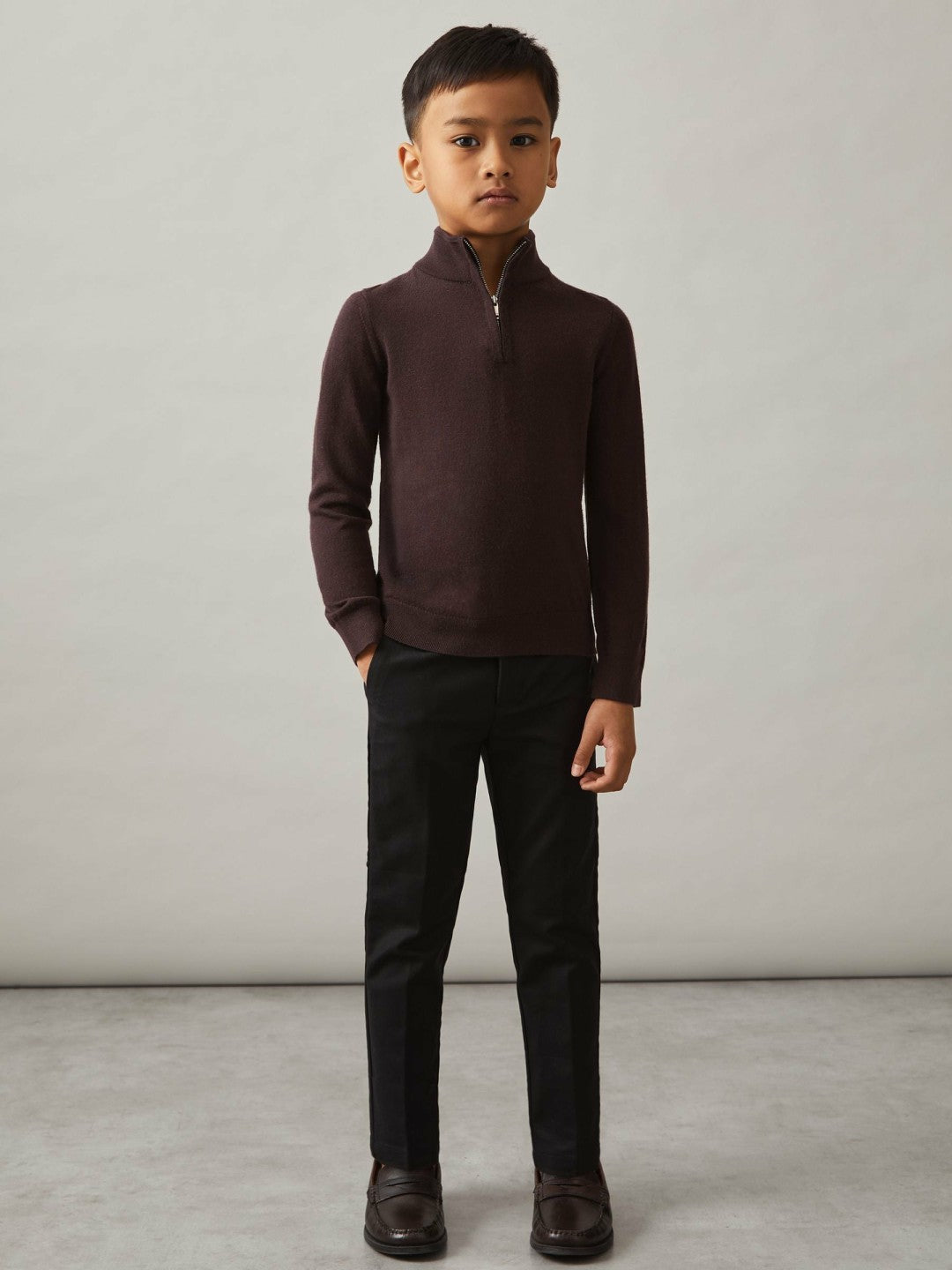 Reiss 3-9 yrs Merino Wool Half-Zip Funnel Neck Jumper in Dark Bordeaux