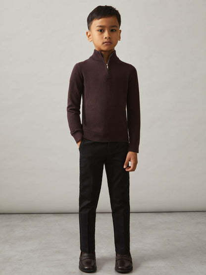 Reiss 3-9 yrs Merino Wool Half-Zip Funnel Neck Jumper in Dark Bordeaux