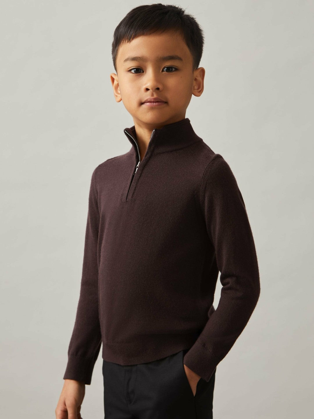 Reiss 9-13 yrs Merino Wool Half-Zip Funnel Neck Jumper in Dark Bordeaux