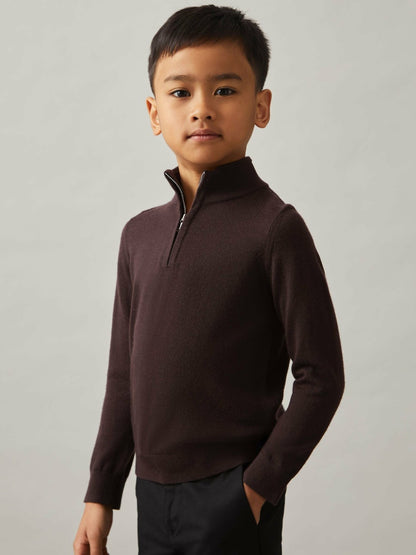 Reiss 9-13 yrs Merino Wool Half-Zip Funnel Neck Jumper in Dark Bordeaux