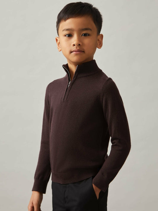 Reiss 9-13 yrs Merino Wool Half-Zip Funnel Neck Jumper in Dark Bordeaux