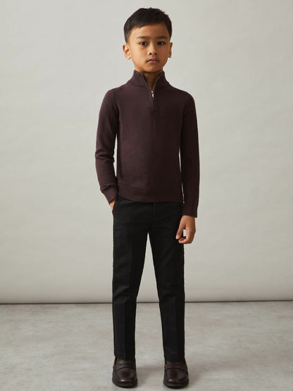 Reiss 9-13 yrs Merino Wool Half-Zip Funnel Neck Jumper in Dark Bordeaux