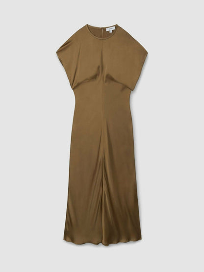 Reiss Satin Short-Sleeve Midi Dress in Khaki