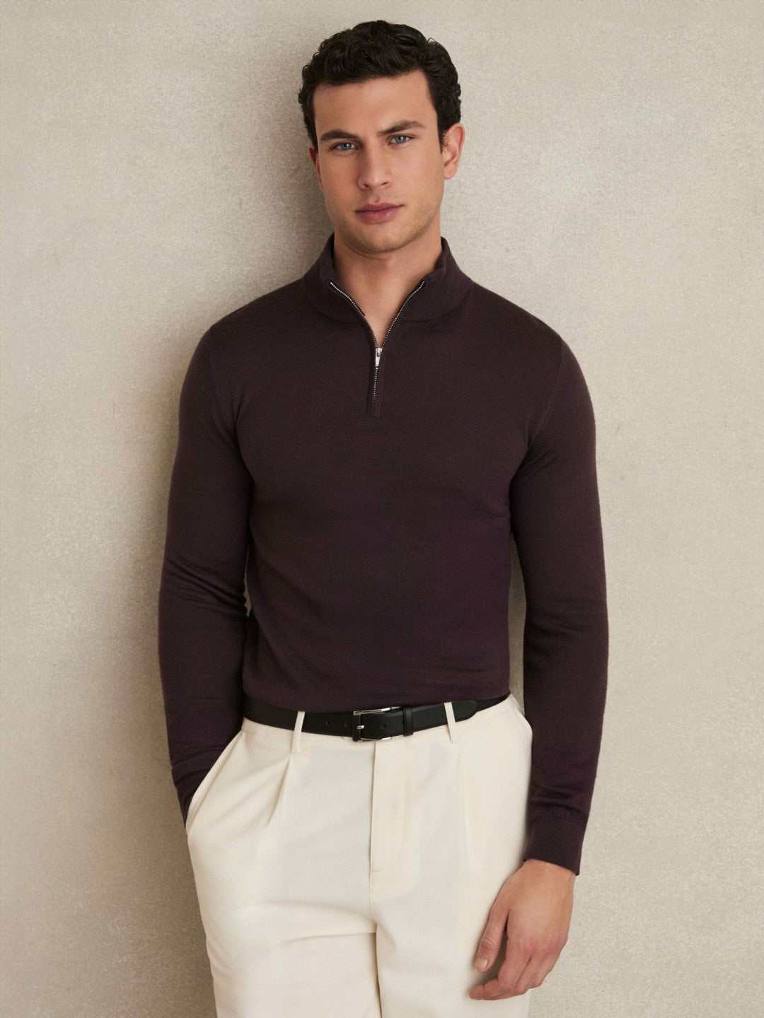 Reiss Merino Wool Half-Zip Jumper in Dark Bordeaux