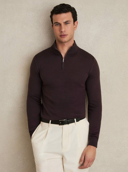 Reiss Merino Wool Half-Zip Jumper in Dark Bordeaux