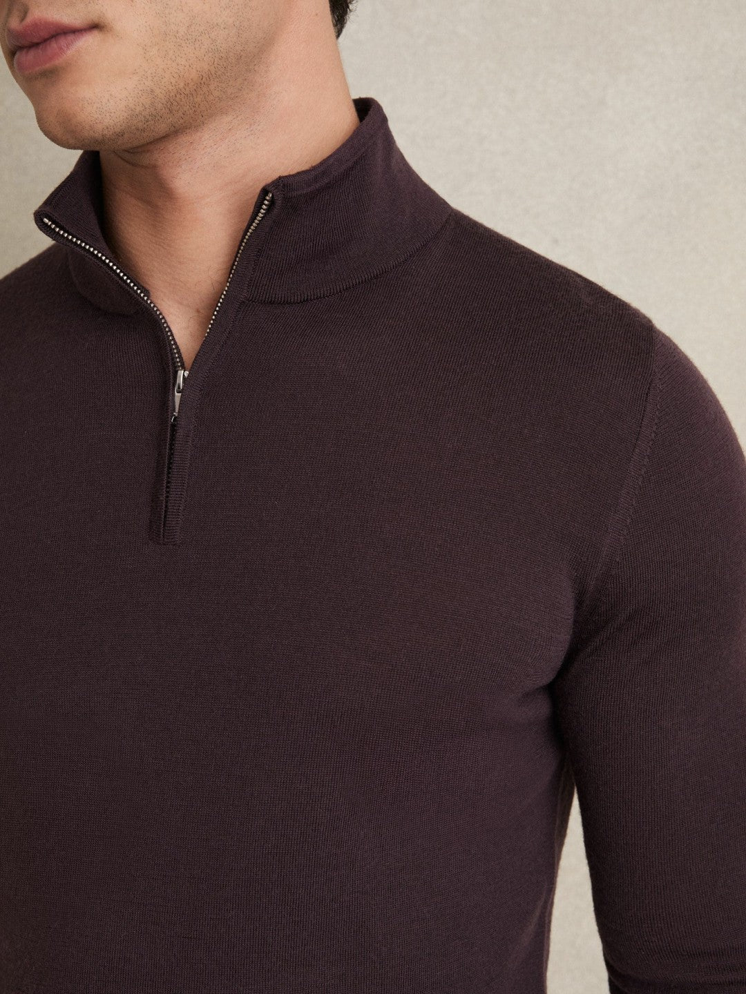 Reiss Merino Wool Half-Zip Jumper in Dark Bordeaux