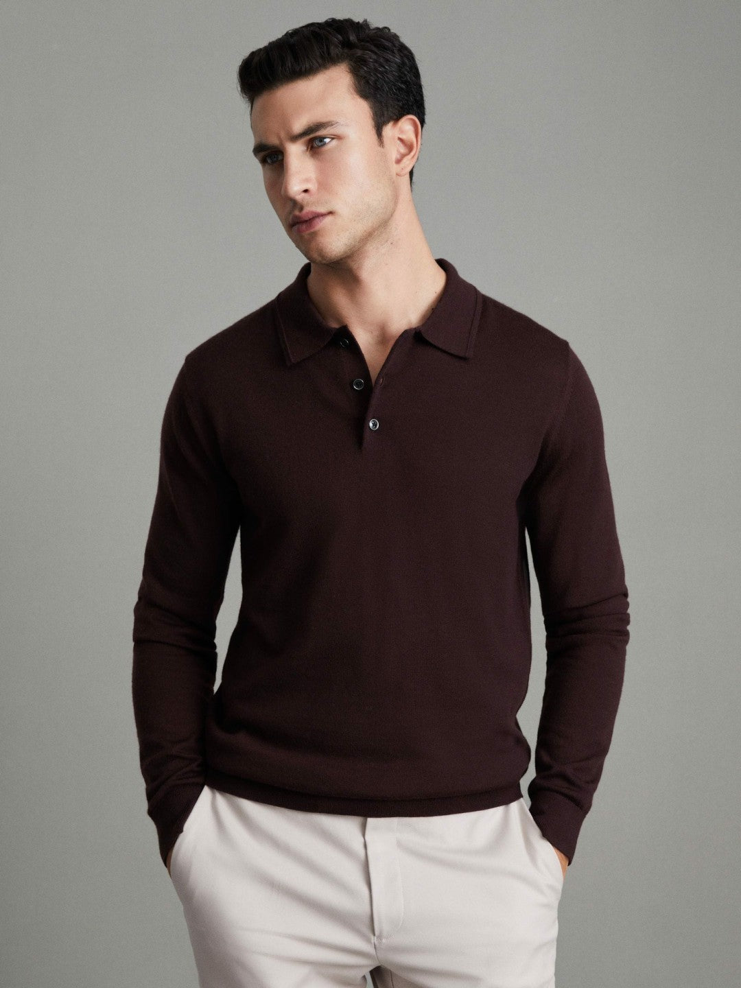 Reiss Merino Wool Polo Shirt in Dark Bordeaux
