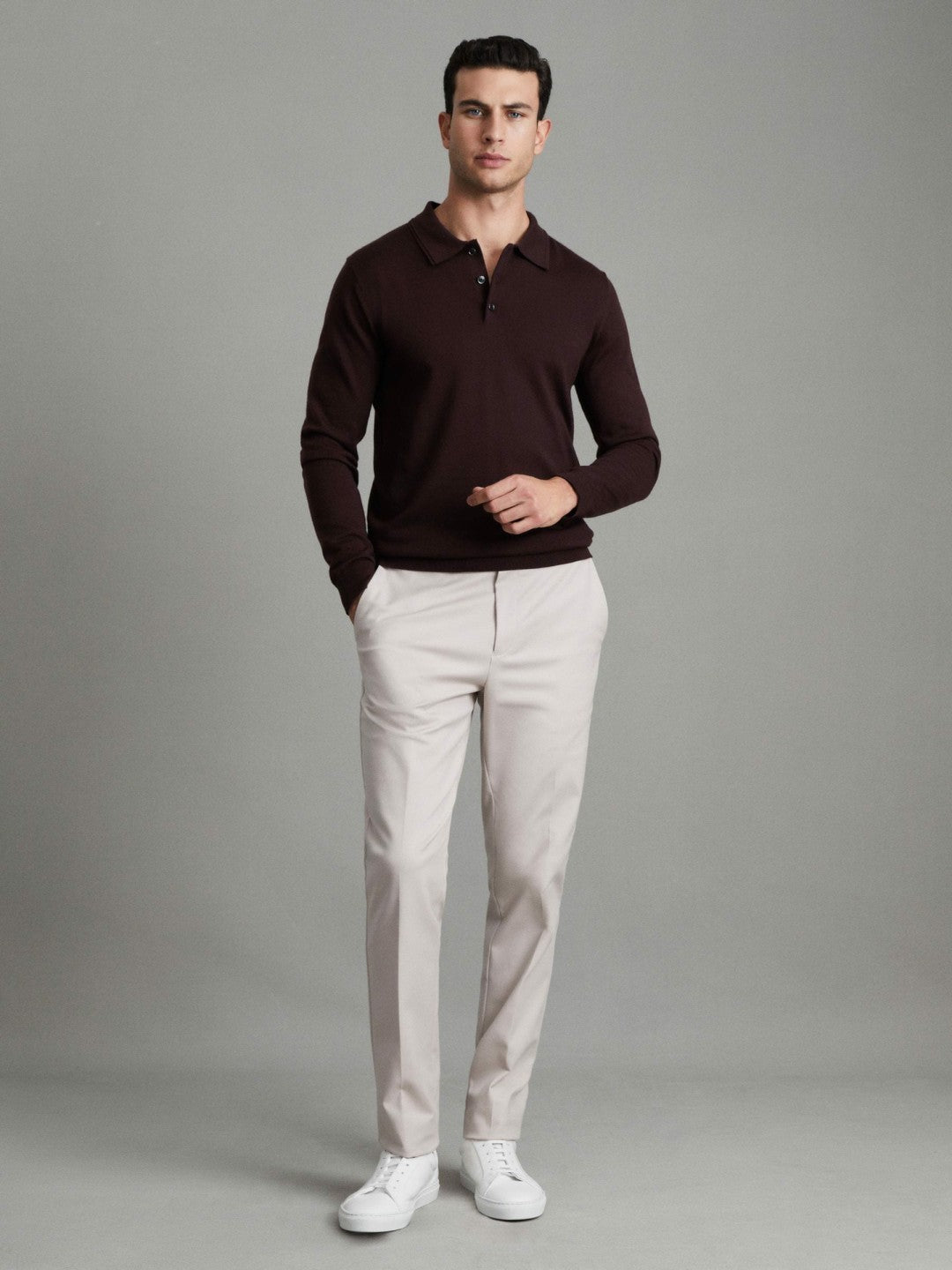 Reiss Merino Wool Polo Shirt in Dark Bordeaux