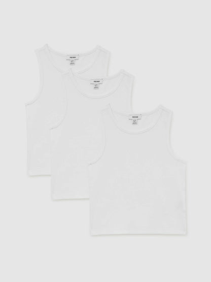 Reiss 9-13 yrs Cotton Stretch Ribbed Vest 3 Pack in White