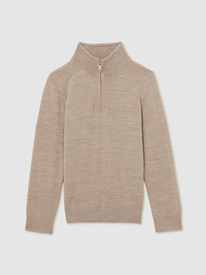 Reiss 3-9 yrs Merino Wool Half-Zip Funnel Neck Jumper in Wheat Melange