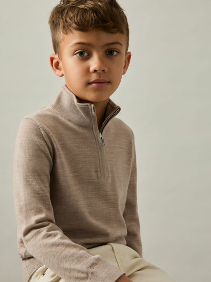 Reiss 3-9 yrs Merino Wool Half-Zip Funnel Neck Jumper in Wheat Melange