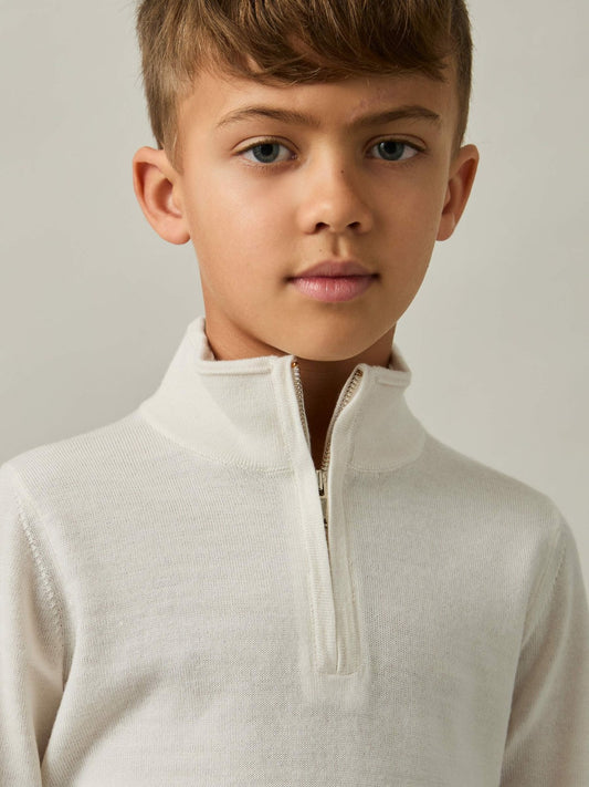 Reiss 9-13 yrs Merino Wool Half-Zip Funnel Neck Jumper in Snow