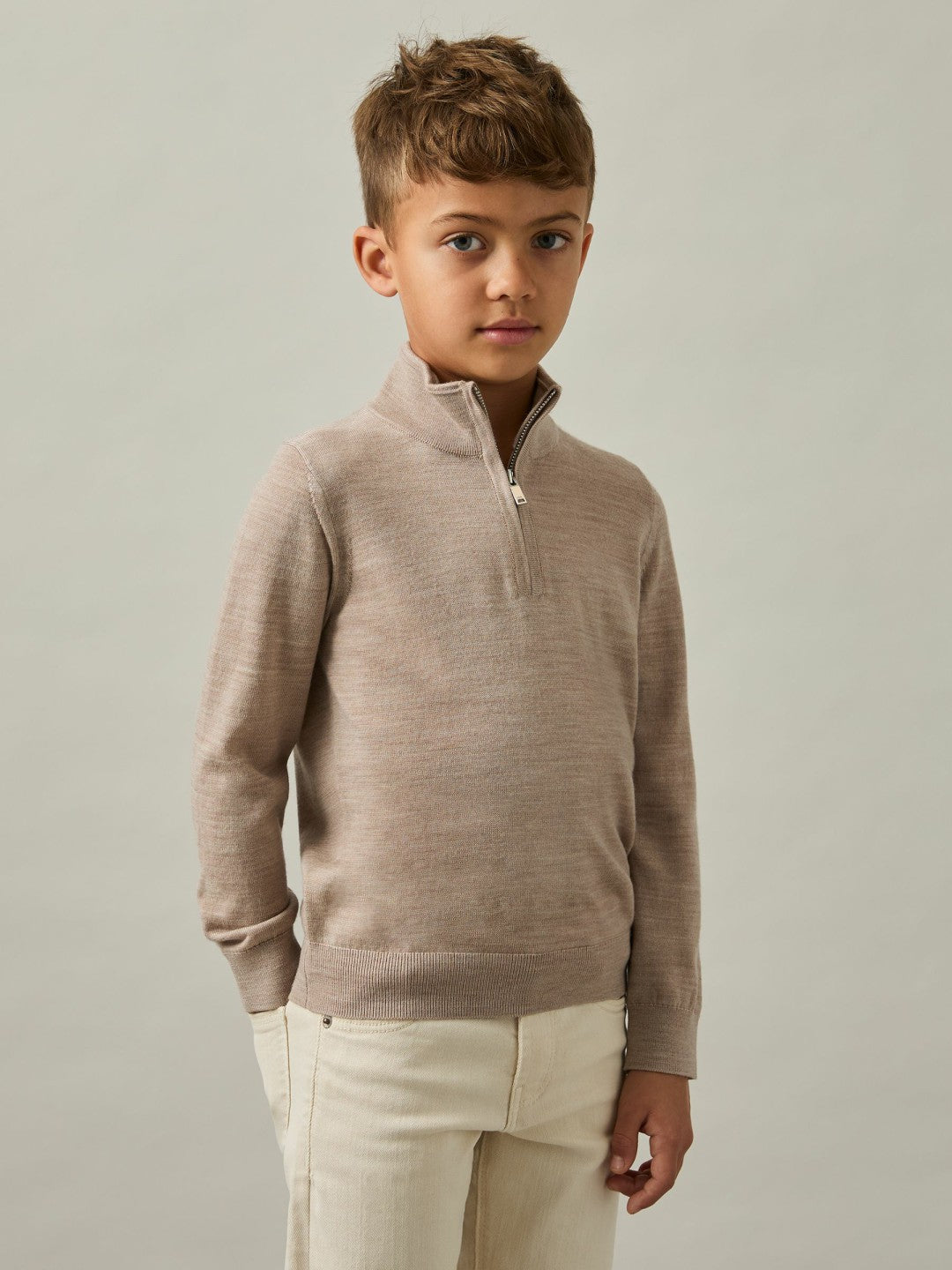 Reiss 9-13 yrs Merino Wool Half-Zip Funnel Neck Jumper in Wheat Melange