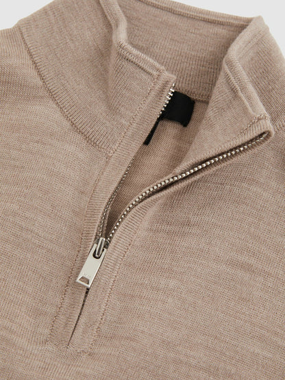 Reiss 9-13 yrs Merino Wool Half-Zip Funnel Neck Jumper in Wheat Melange