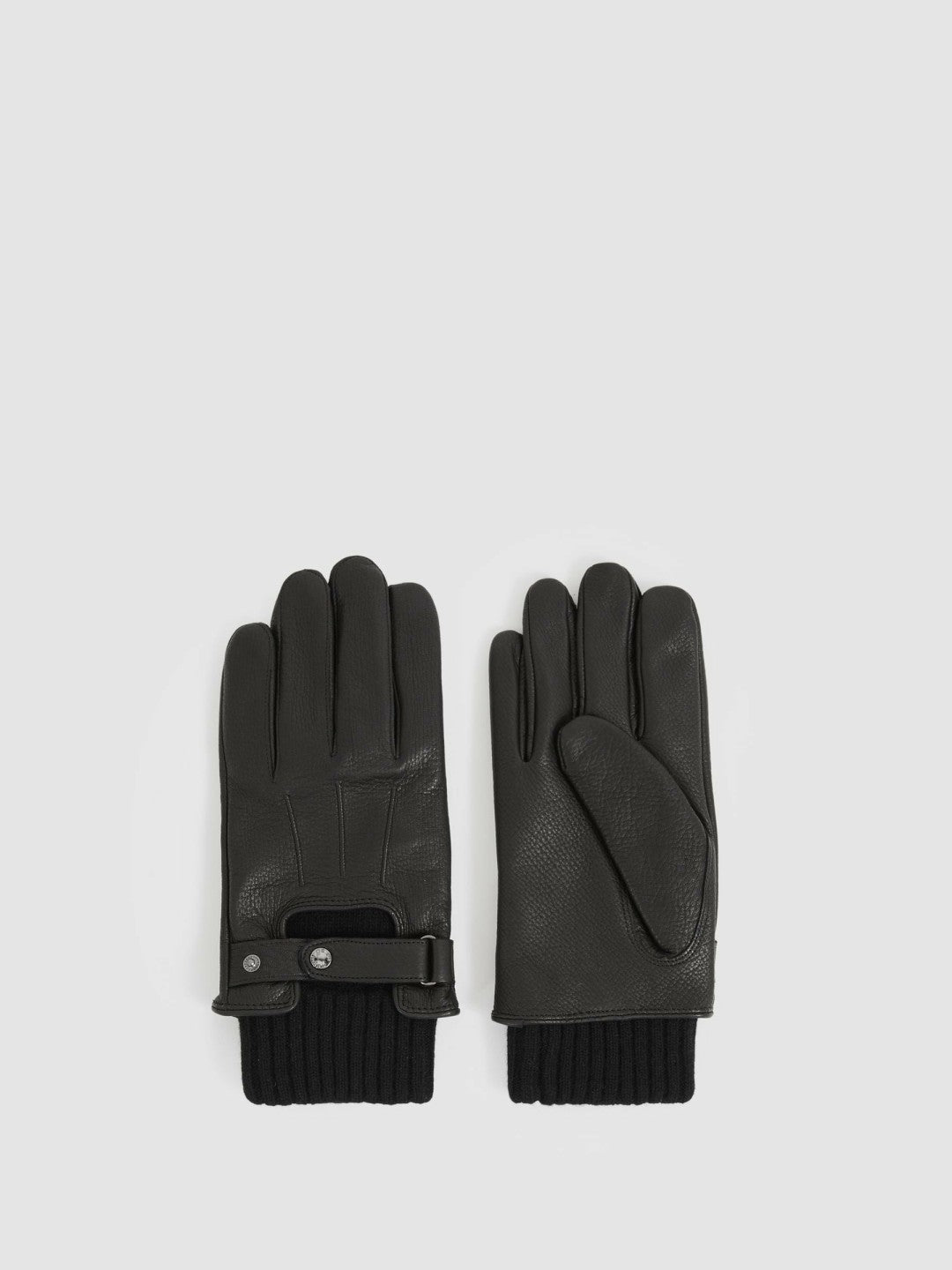 Reiss Leather Ribbed-Cuff Gloves in Black