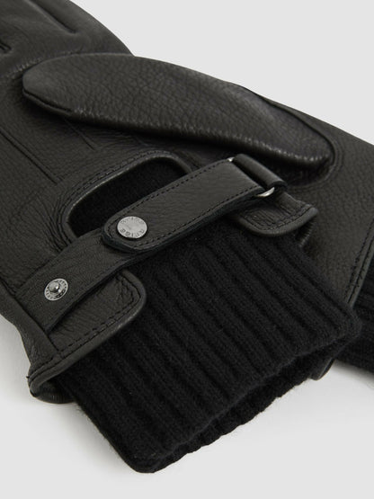 Reiss Leather Ribbed-Cuff Gloves in Black