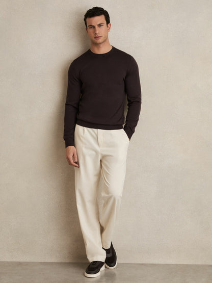 Reiss Merino Wool Crew Neck Jumper in Dark Bordeaux