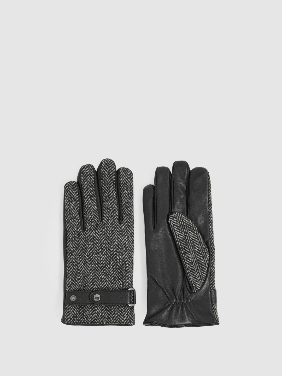 Reiss Leather And Wool-Blend Herringbone Gloves in Black