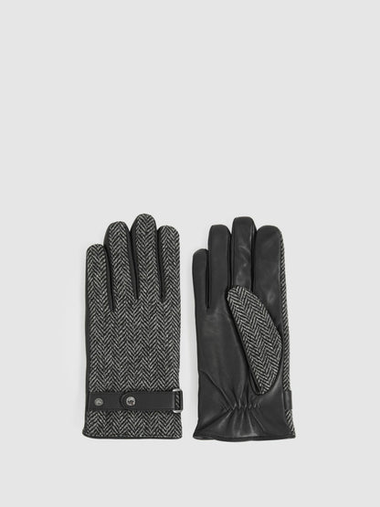 Reiss Leather And Wool-Blend Herringbone Gloves in Black